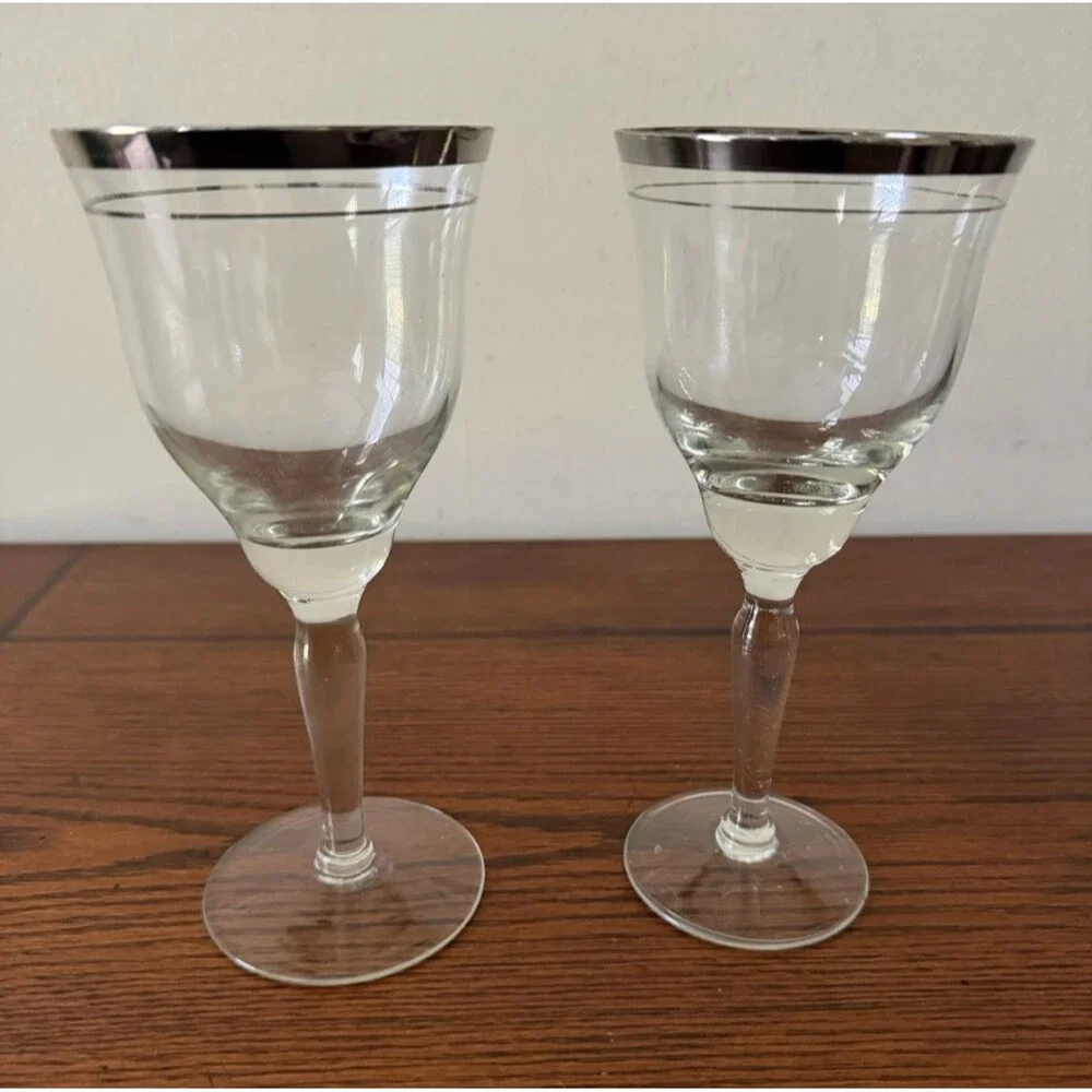 Vintage Libbey Platinum Rim Water Goblets 7.25